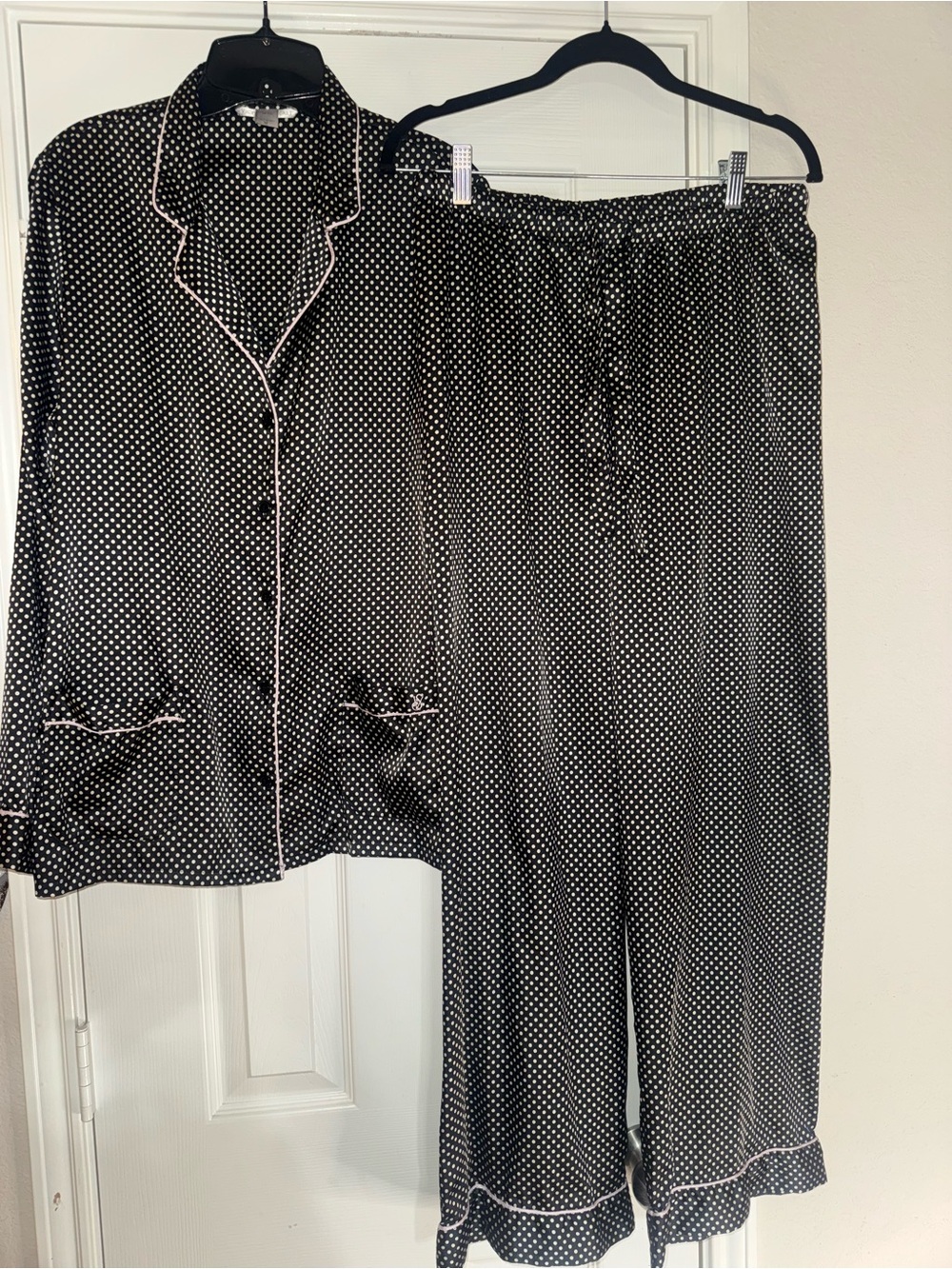 Victoria's Secret Black Polka Dot Satin Pajama Set with Piping